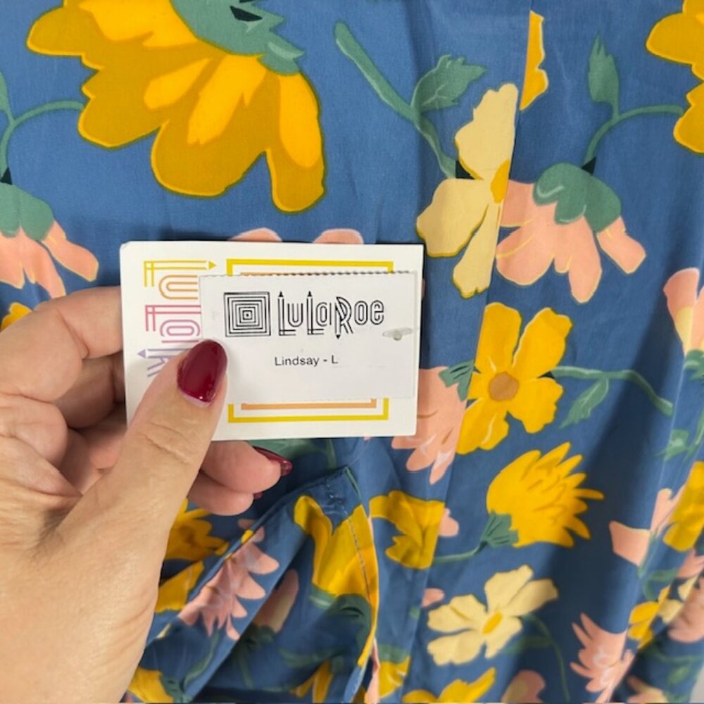 LuLaRoe Lindsay Large Open Kimono Cardigan Bohemian Blue Floral Yellow Pink - Picture 3 of 5